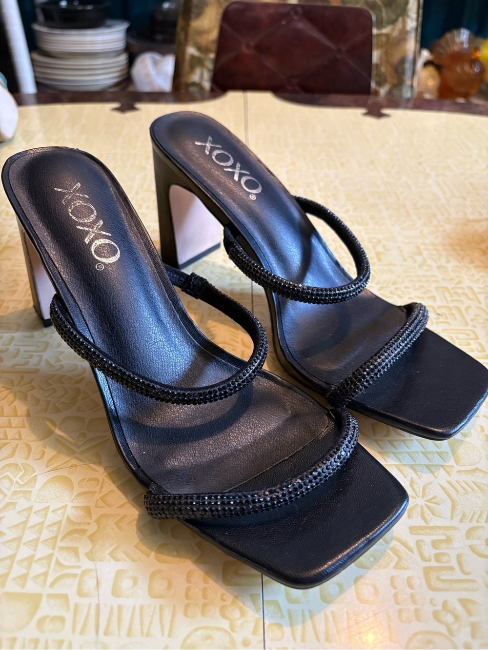 VintageXOXO Black Beaded Strappy Block Heel Sandals